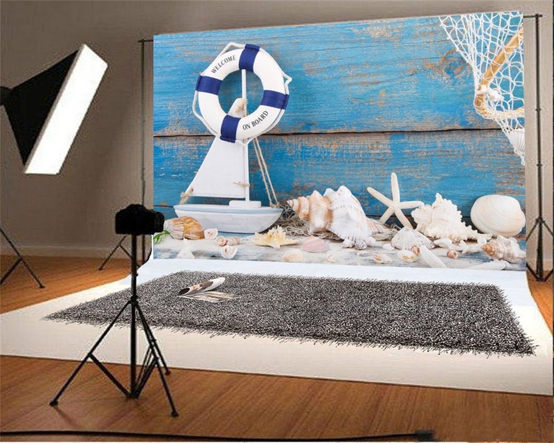 AOFOTO 7x5ft Nautical Backdrop Baby Shower Lifebuoy on Old Blue Wooden Photo Background Marine Style Life Ring Boat Starfish Conch Shells Kid Baby Infant Boy Art Portrait Photoshoot Studio Props Vinyl - Image 3